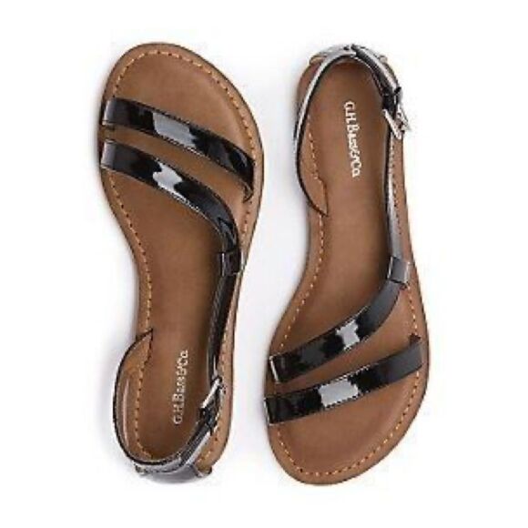 GH Bass & Co Jane Sandals Womens 7.5 Flats Strappy Vegan Black Patent Leather - Picture 1 of 9